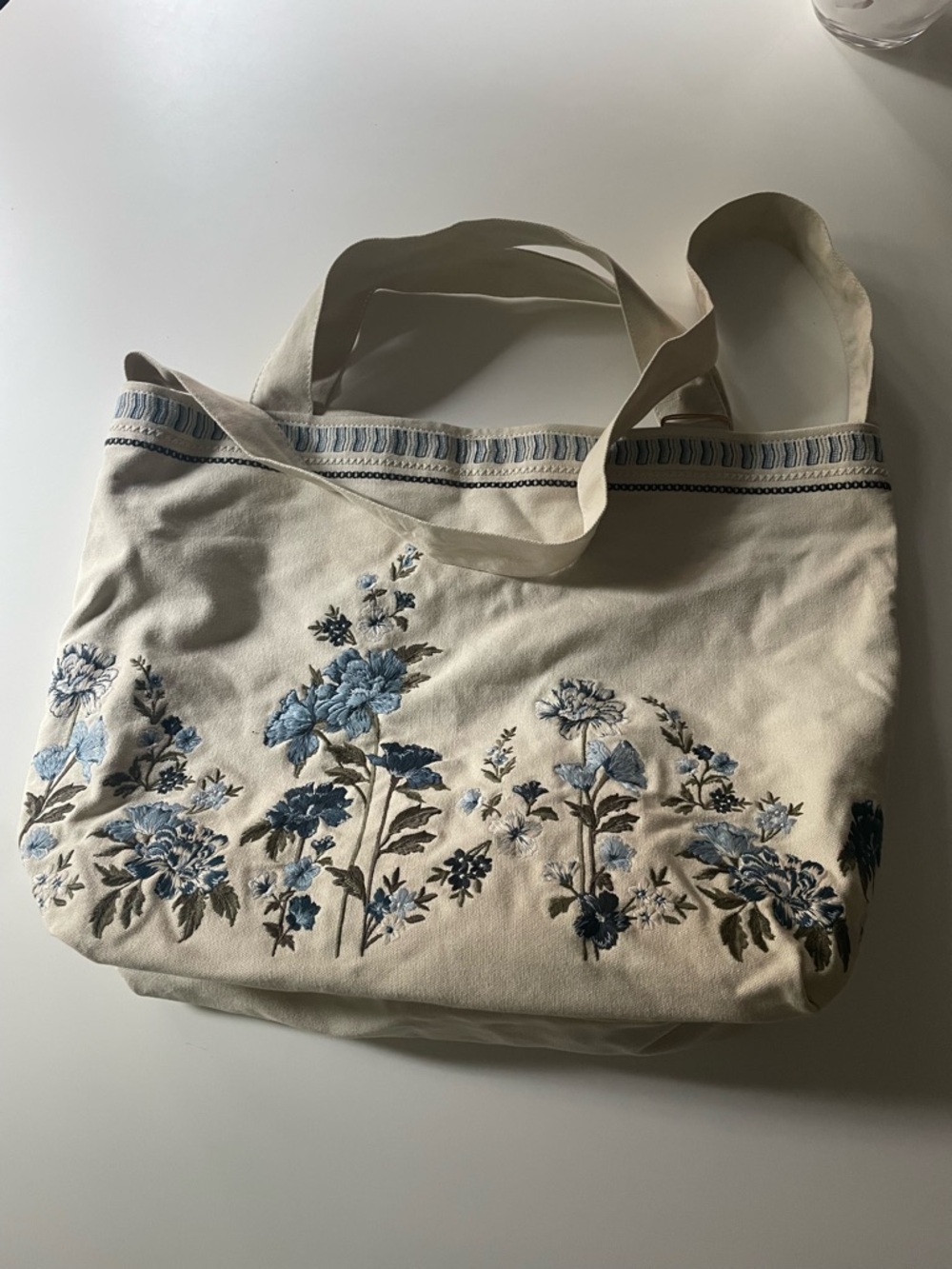 Driftwood Brand Canvas Floral Embroidered Tote Bag in Cream and Blue